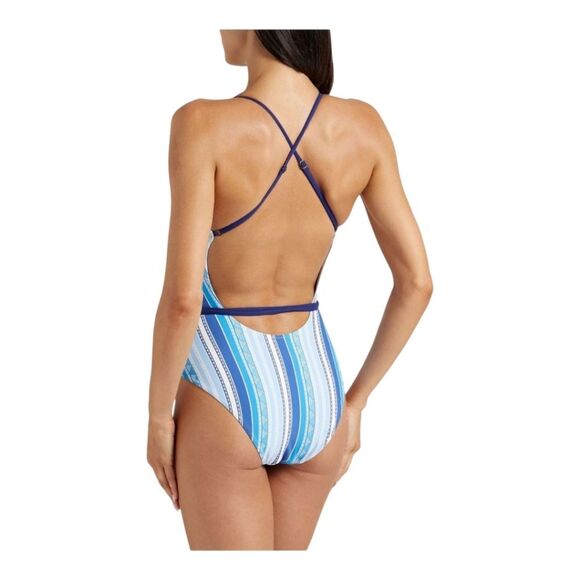 Lemlem Eshal Wrap Effect Stretch Jacquard Swimsuit Blue Striped Swimsuit - Picture 3 of 15